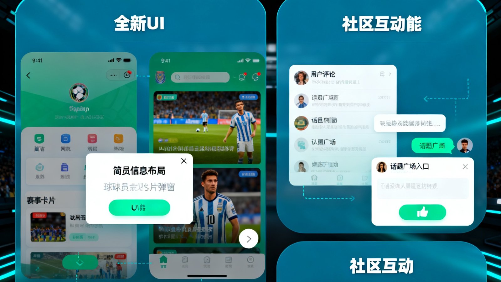 懂球圈App新版本功能介绍，展示了全新UI界面和社区互动功能